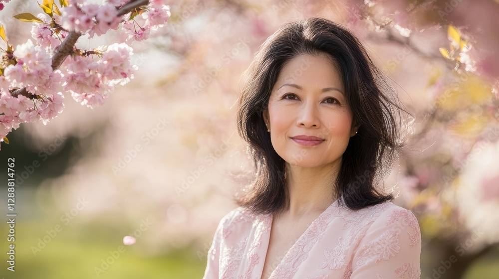 Asian female in blossom garden, springtime, adult woman smiling among cherry blossoms. Asian female in blossom garden, springtime, adult woman smiling among cherry blossoms.