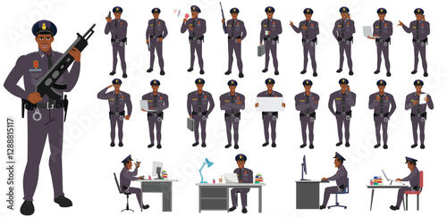 Police Officer Character Design Model Sheet. Man, Character design. Front, side, back view and explainer animation poses. Character set with lip sync and Walk cycle animation sequences.