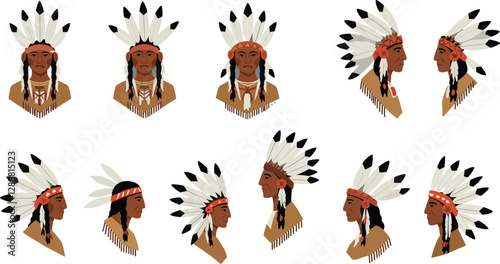 Series of diverse indigenous characters showcasing traditional feathered headdresses and hairstyles