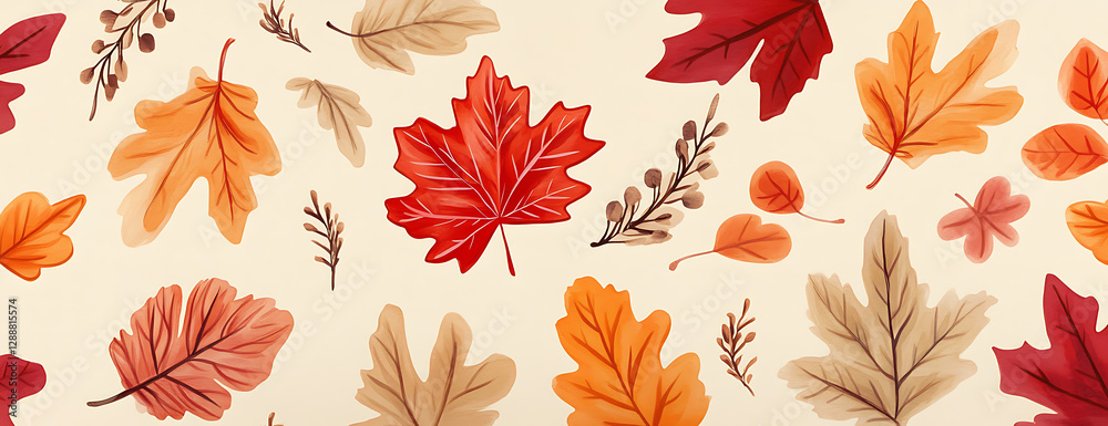 Fototapeta premium Watercolor Autumn Fall Leaves Seamless Pattern Foliage Thanksgiving Background Banner