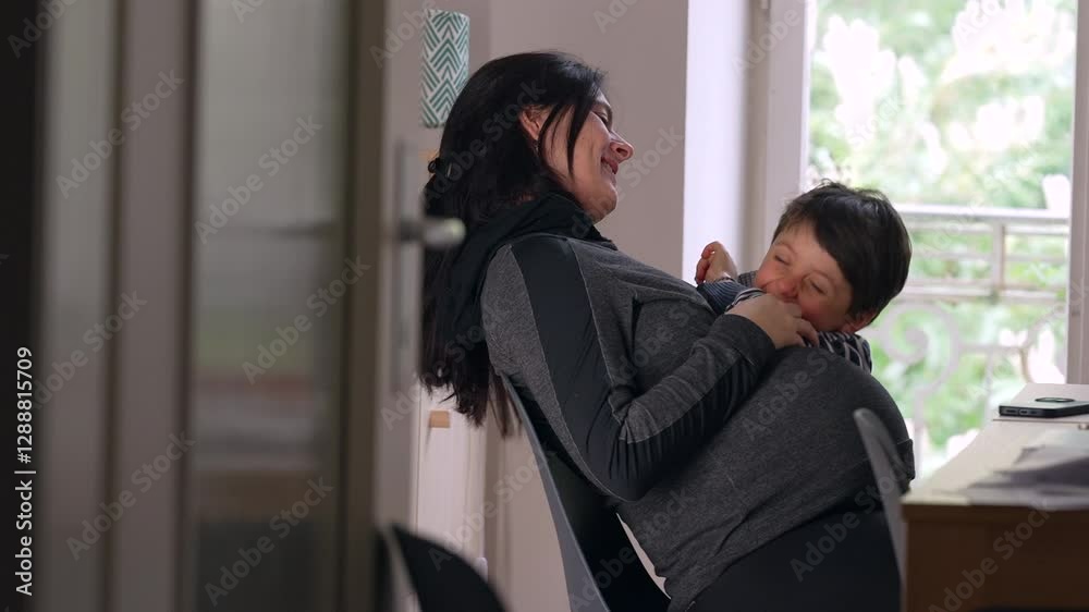Mother and child sharing a laugh, indoor setting, warm and joyful interaction, natural light, family bond, happy moment, peaceful home environment, maternal connection, nurturing relationship Mother and child sharing a laugh, indoor setting, warm and joyful interaction, natural light, family bond, happy moment, peaceful home environment, maternal connection, nurturing relationship