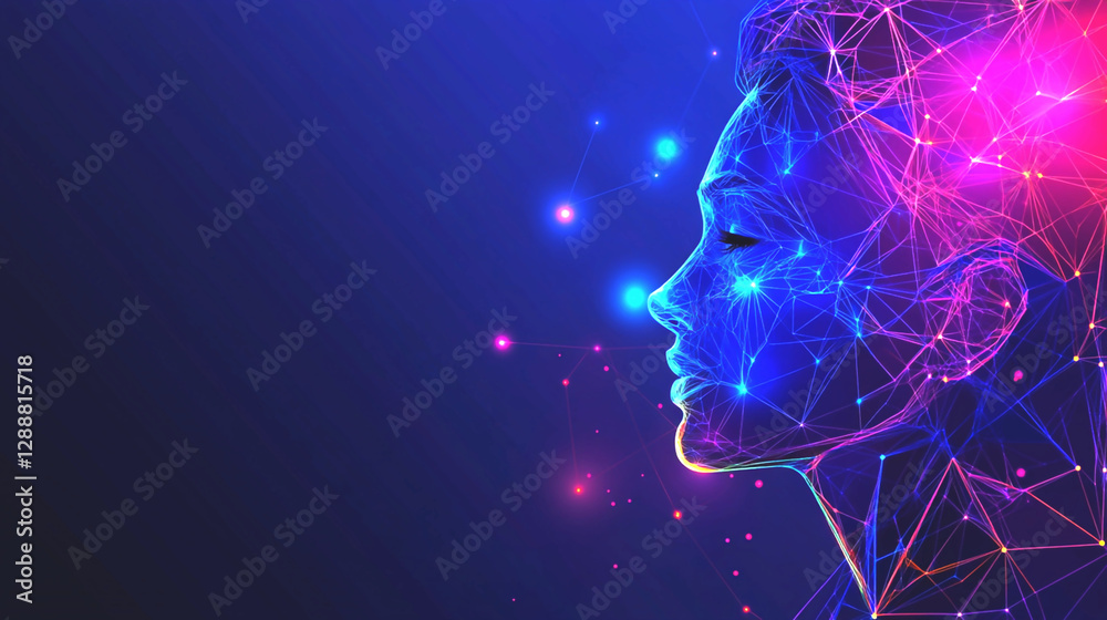 Abstract Polygonal Human Profile with Neon Glow, Blue and Pink Gradient on Dark Background Abstract Polygonal Human Profile with Neon Glow, Blue and Pink Gradient on Dark Background