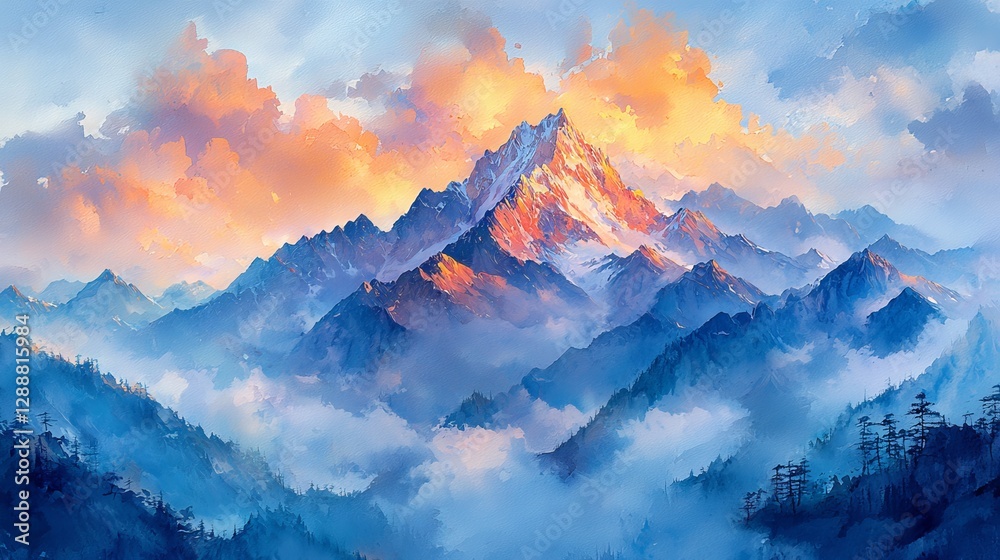 Obraz premium Majestic Mountain Landscape with Cloudy Skies and Vibrant Sunset Colors