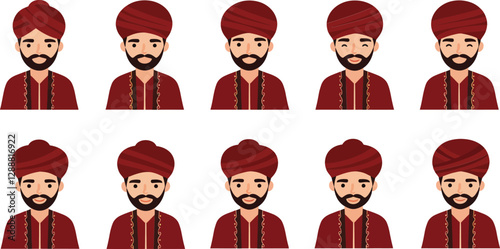 Group of animated men wearing traditional red turbans and outfits in a row