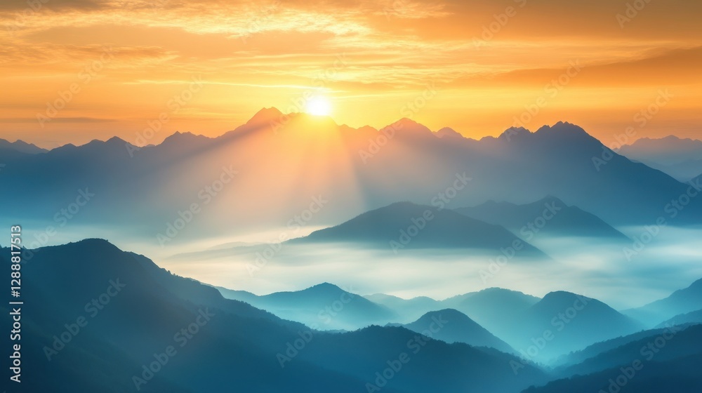 A dramatic sunrise over a rugged mountain range, where layers of thick, soft clouds wrap around the peaks like a heavenly blanket. A dramatic sunrise over a rugged mountain range, where layers of thick, soft clouds wrap around the peaks like a heavenly blanket.