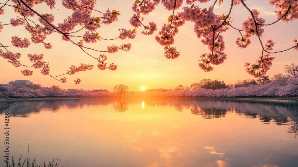 Sakura blossom reflection at sunrise over peaceful tranquil waters Sakura blossom reflection at sunrise over peaceful tranquil waters
