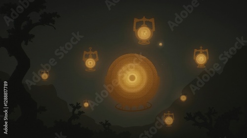 A collection of ancient, glowing relics hovers in silence, orbiting an invisible force, their surfaces etched with intricate symbols of unknown origin.