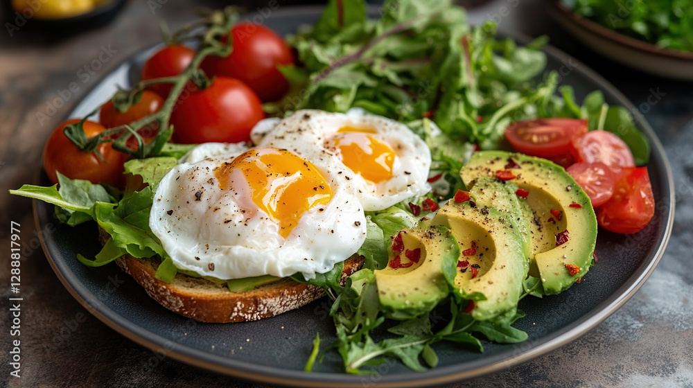 Delicious Poached Eggs with Avocado, Tomatoes, and Greens on Toast Delicious Poached Eggs with Avocado, Tomatoes, and Greens on Toast