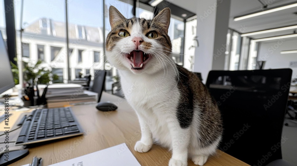 Playful tabby cat with wide open mouth sitting on a modern office desk near keyboard and mouse, bright light, indoor setting Playful tabby cat with wide open mouth sitting on a modern office desk near keyboard and mouse, bright light, indoor setting