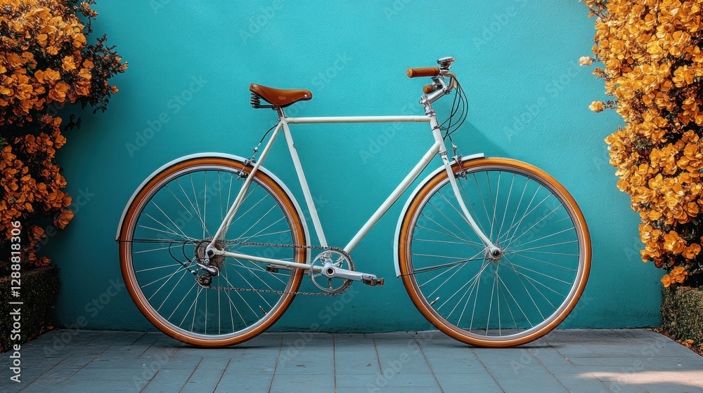 Fototapeta premium Retro bike by teal wall with yellow flowers
