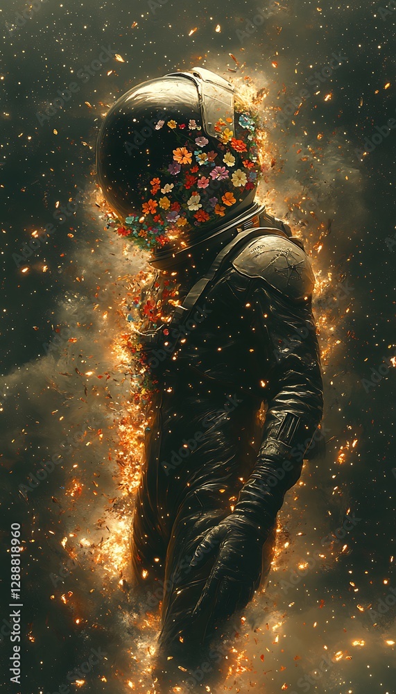 Fototapeta premium Astronaut engulfed in flames and flowers, cosmic background, art, website banner.