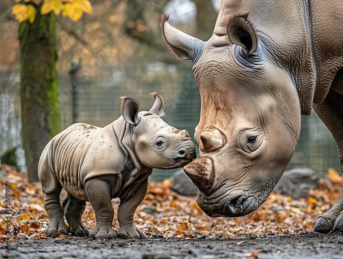 Baby Rhino Touches Mother's Nose