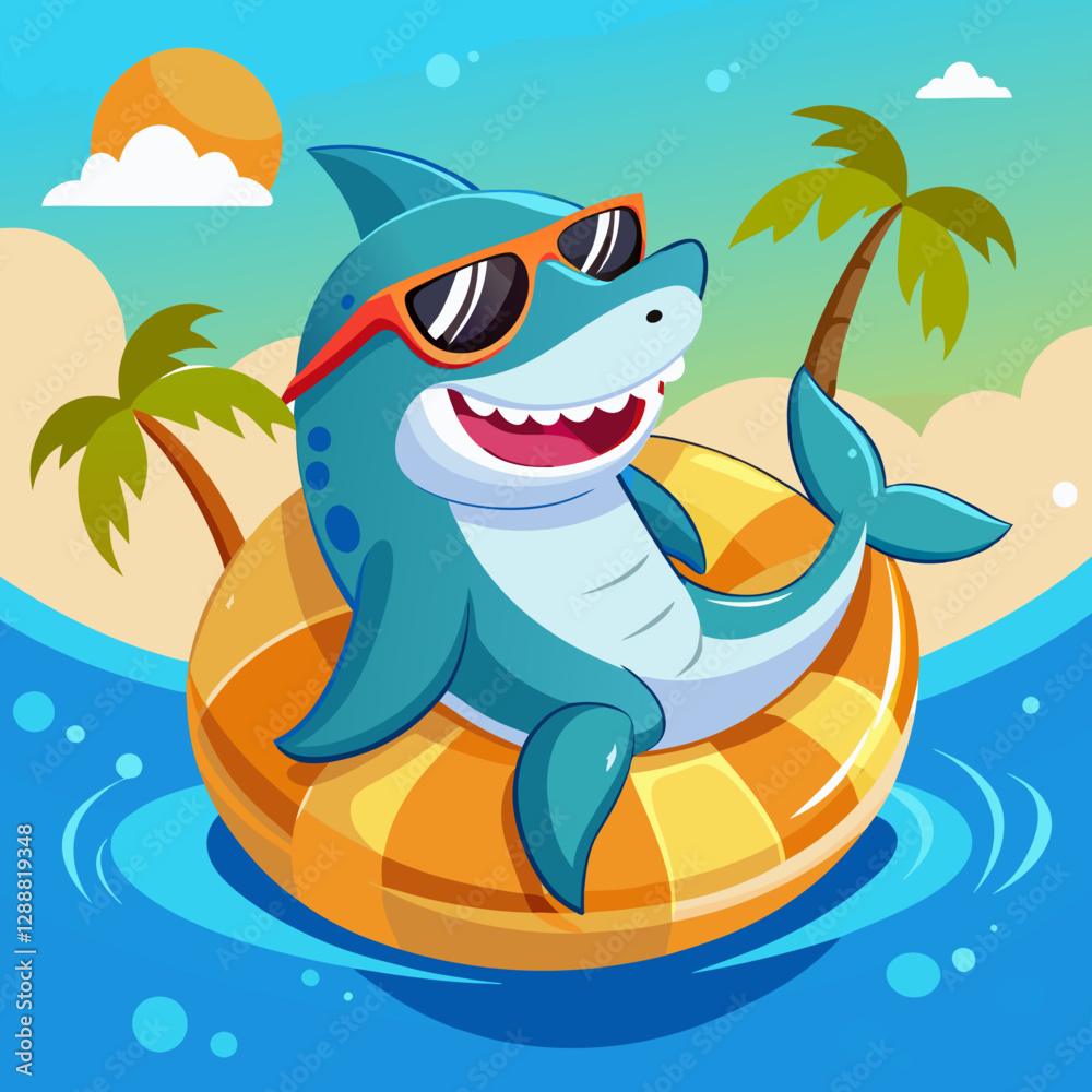 Naklejka premium Cartoon Shark with Sunglasses in an Inner Tube