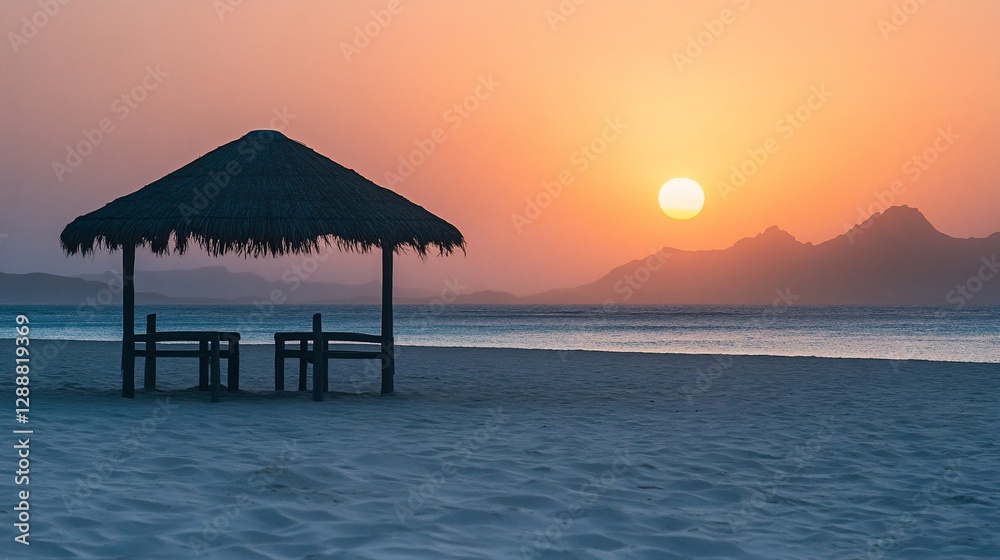 Serene beach sunset with hut, tranquil ocean view at dusk paradise Serene beach sunset with hut, tranquil ocean view at dusk paradise