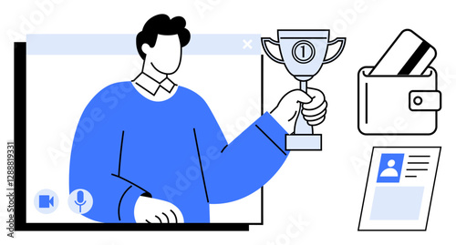 Person holding trophy in video call window, wallet with cards, and ID card. Ideal for remote achievements, online recognition, digital rewards programs, financial apps, personal identification