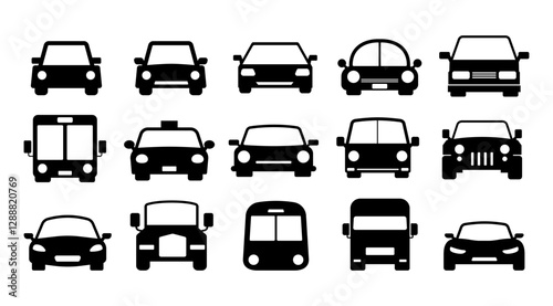 Black Transportation vector Icons set, Cars and Vehicles symbol, Traffic Clip art and illustration design in Minimal Modern style, Bus, Train Pictogram for Decoration. (Editable)