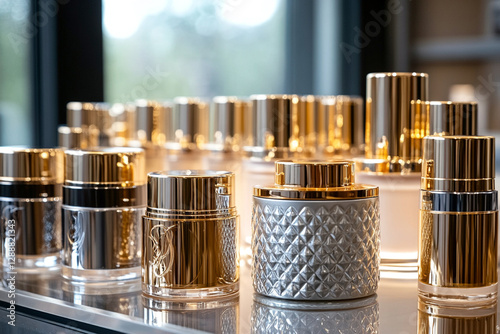 Luxurious selection of luxury cosmetics in gold and silver bottles photo