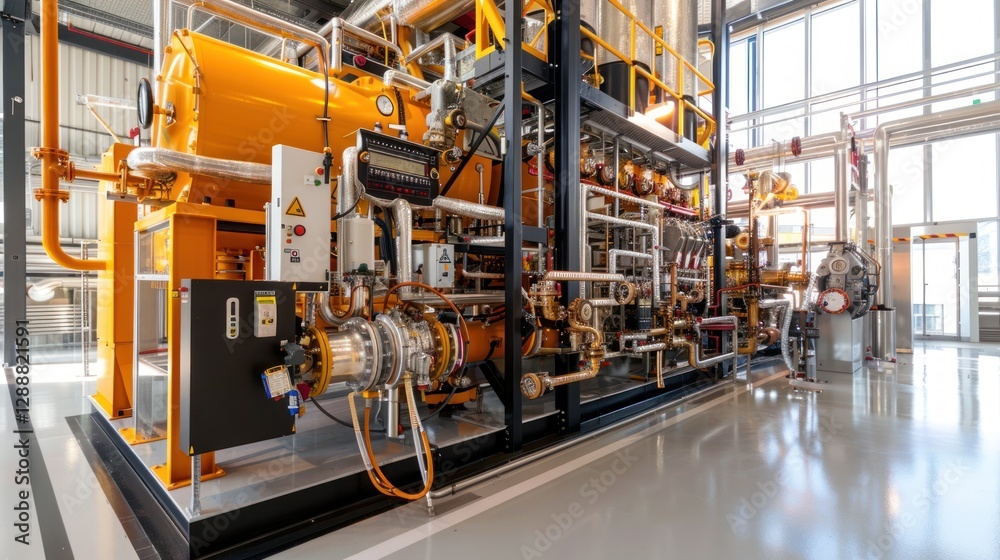 Fototapeta premium Modern industrial gas boiler room with heating gas boilers, pipelines, and valves, industrial, gas boiler, heating, room