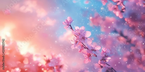 Mystical ethereal atmosphere with pink pastels and floating iridescent stars.