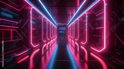 Futuristic neon tunnel with glowing pink and blue lights