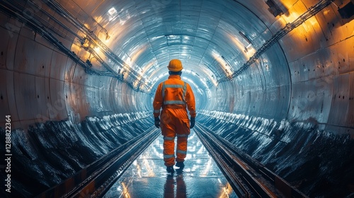 Worker in orange jumpsuit and hard hat walking through an illuminated underground tunnel with water reflections on the moist floor