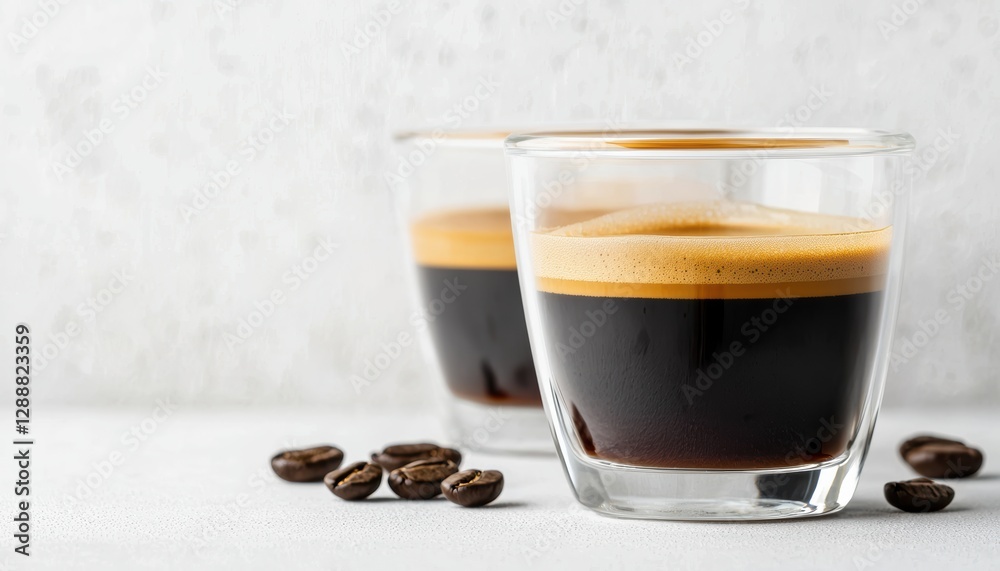 Freshly pulled espresso shot in a glass cup, highlighting deep coffee tones, placed against a clean white background for a minimalist feel Freshly pulled espresso shot in a glass cup, highlighting deep coffee tones, placed against a clean white background for a minimalist feel