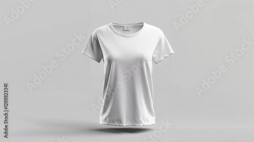 Plain white women’s round neck tshirt isolated on a gray background. Mockup design for tshirt.