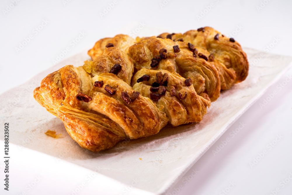 Fresh delicious puff pastry with maple syrup and nuts on white background Fresh delicious puff pastry with maple syrup and nuts on white background