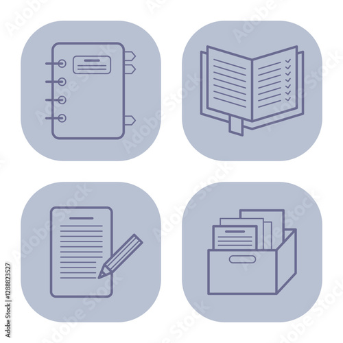 Set of four distinct line icons representing various office essentials such as planner, checklist, notepad with pencil, and storage box for documents