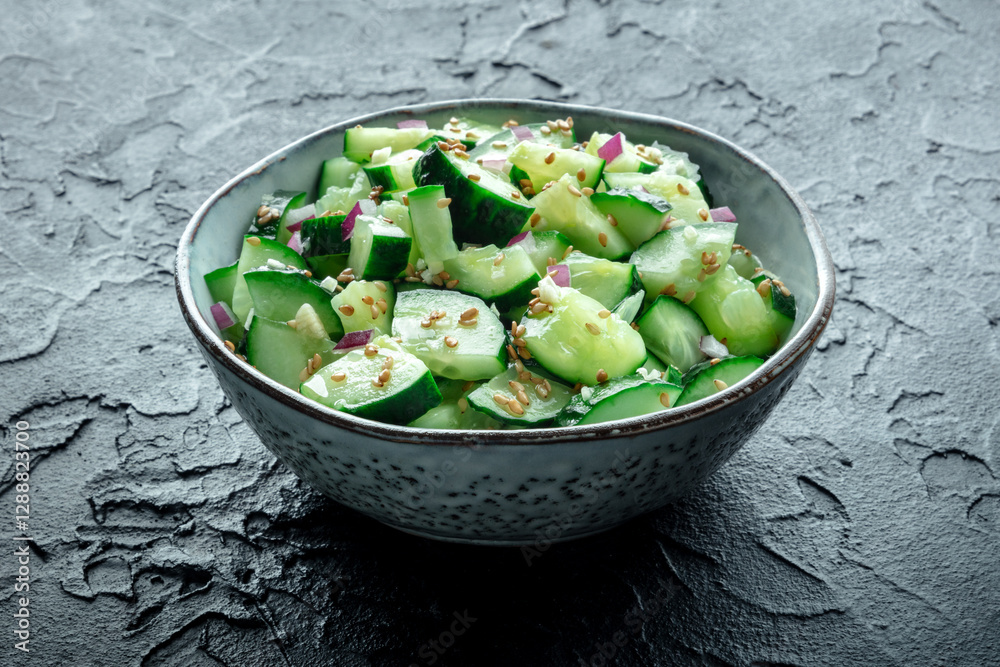 Smashed cucumber salad with red onion and sesame seeds, healthy vegan food, a bowl on a black table Smashed cucumber salad with red onion and sesame seeds, healthy vegan food, a bowl on a black table