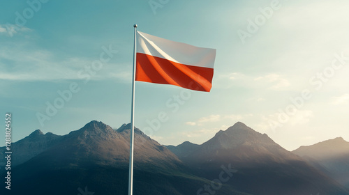 Fototapeta Naklejka Na Ścianę i Meble -  Polish flag waving against majestic mountain backdrop under a clear sky.