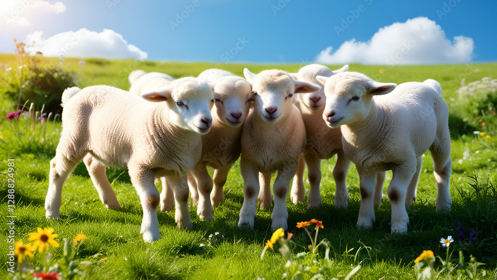 Fototapeta premium Close-up of adorable lambs huddled together in a peaceful meadow, their fluffy coats and curious eyes creating a heartwarming scene.