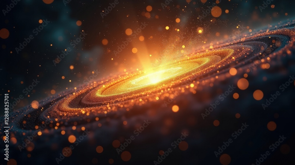 Obraz premium A silent explosion of golden particles frozen in space, each tiny fragment glowing with the energy of a dying star, weightless and infinite.