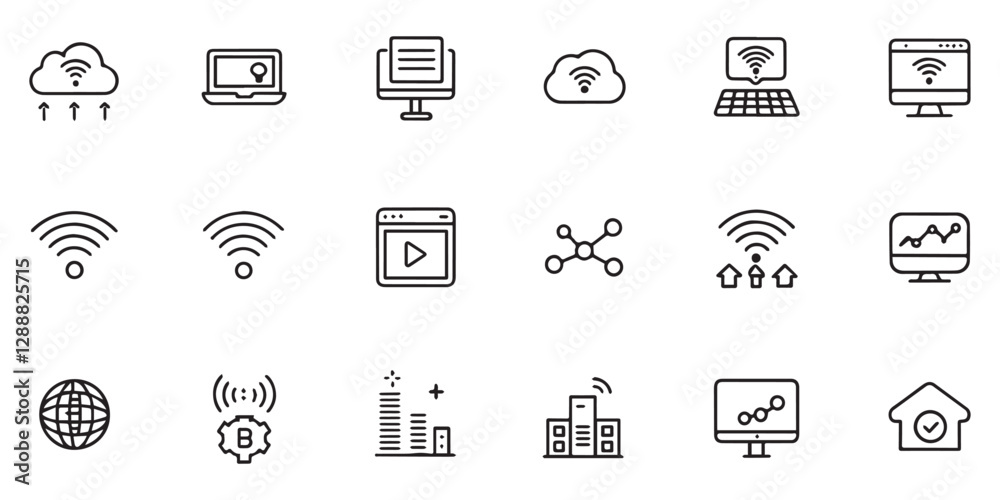 Set of icons related to internet, network, signal, wifi, online, web, hosting, software and others. Editable stroke vector illustration Set of icons related to internet, network, signal, wifi, online, web, hosting, software and others. Editable stroke vector illustration