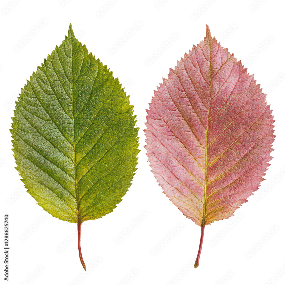 Two leaves with contrasting colors on a white background showcasing natures diversity and beauty isolated on transparent background.. Two leaves with contrasting colors on a white background showcasing natures diversity and beauty isolated on transparent background..