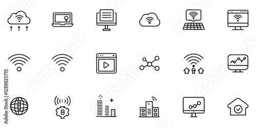 Set of icons related to internet, network, signal, wifi, online, web, hosting, software and others. Editable stroke vector illustration
