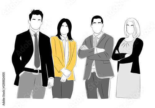 Business team members standing together. Business men, women in formal office outfit. Line art, linear, outline, thin line design simple illustration isolated
