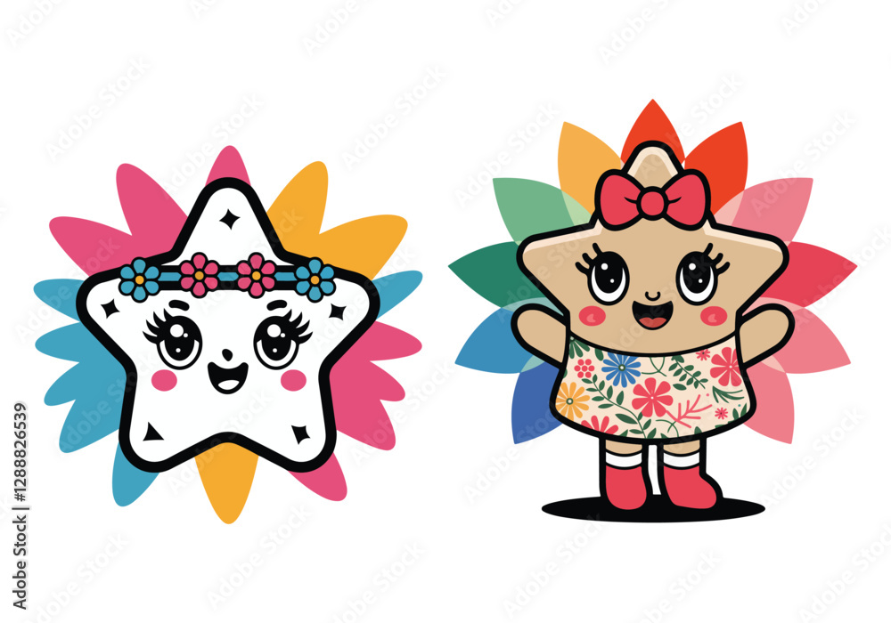 Obraz premium Charming Kawaii Star Set: Smiling Stars, Flowers More