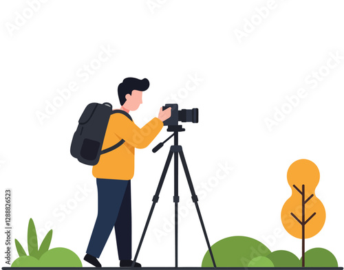 Photographer with backpack using camera on tripod in outdoor natural setting