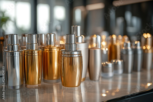 Luxurious selection of luxury cosmetics in gold and silver bottles photo