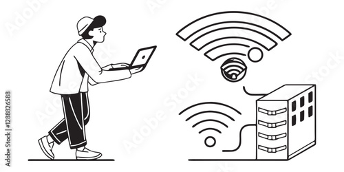 Set of icons related to internet, network, signal, wifi, online, web, hosting, software and others. Editable stroke vector illustration