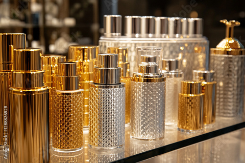 Luxurious selection of luxury cosmetics in gold and silver bottles photo