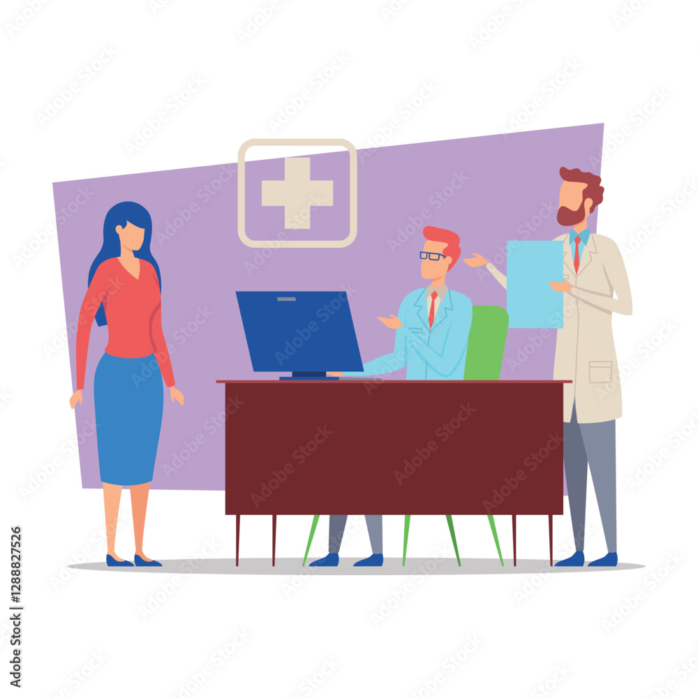Healthcare consultation in office setting where doctor discussing health with patient, assisted by another staff member. Professional and supportive atmosphere in clinic concept Healthcare consultation in office setting where doctor discussing health with patient, assisted by another staff member. Professional and supportive atmosphere in clinic concept