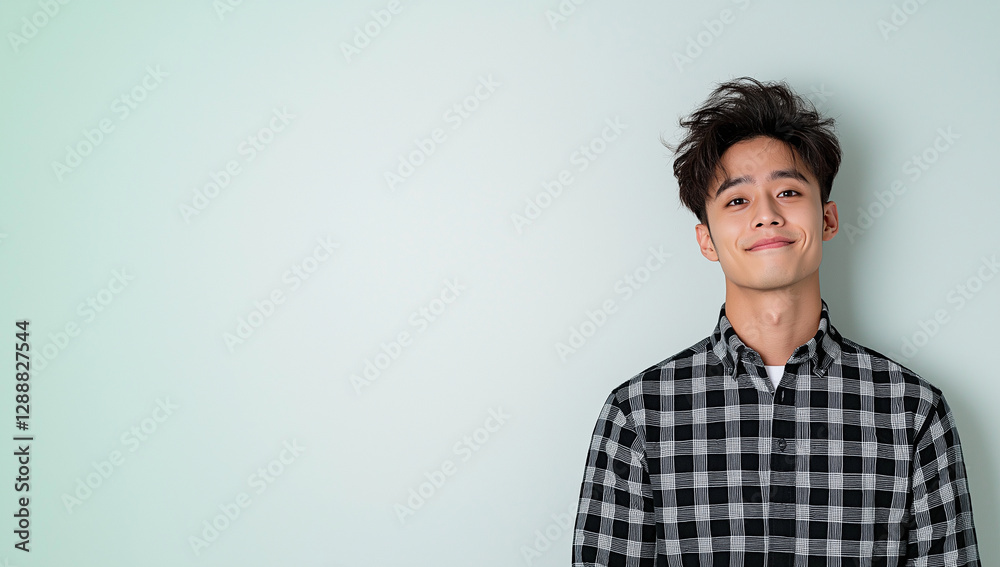 young man is smiling and looking up against light green background, exuding cheerful and positive vibe