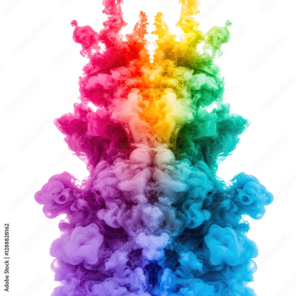 Fototapeta premium Rainbow colored smoke cloud swirling in the air creating a vibrant and colorful visual display isolated on transparent background..