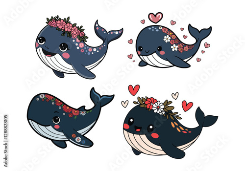 Kawaii Whale Vectors: Cute Whales with Flowers Hearts  Download cute kawaii whale vectors! Features smiling whales with flowers and hearts. Perfect for adding sweetness to your designs.