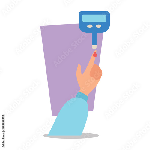 Hand holding blood glucose meter with drop of blood on fingertip, illustrating process of checking blood sugar. Effective diabetes control concept