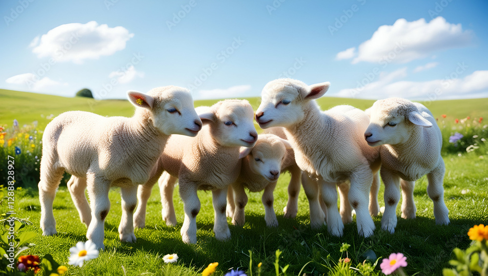Fototapeta premium Gorgeous lambs playfully gathered in a vibrant grassy field, their innocent expressions and soft wool making a picture-perfect moment.