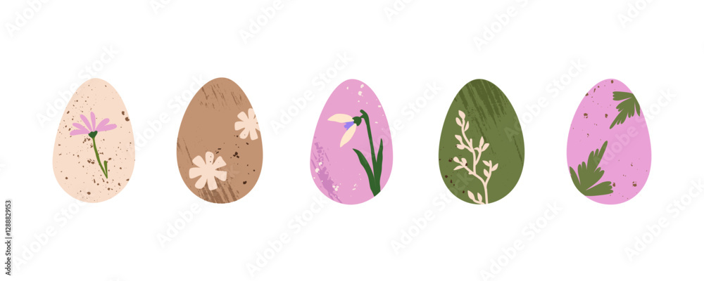Easter eggs vector set. DIY natural dyed eggs with spring flowers. Pastel elegant design of Easter symbol Easter eggs vector set. DIY natural dyed eggs with spring flowers. Pastel elegant design of Easter symbol