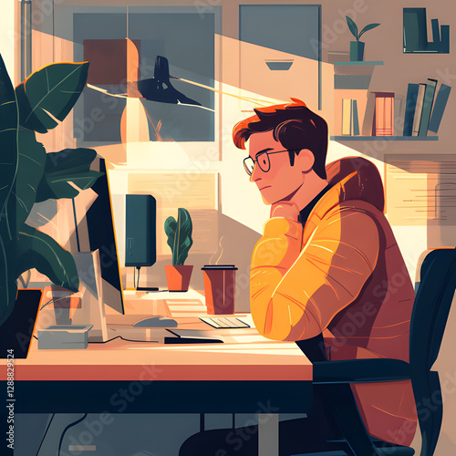 Focused individual working on computer in bright room with plants and warm light